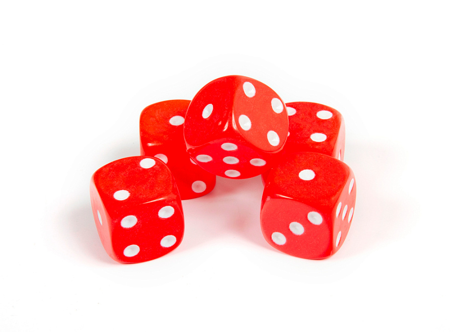 1229 Набор из 5 кубиков D6, 16мм. Красный с белыми точками в блистере